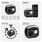 Black portable speaker with features listed on a white background